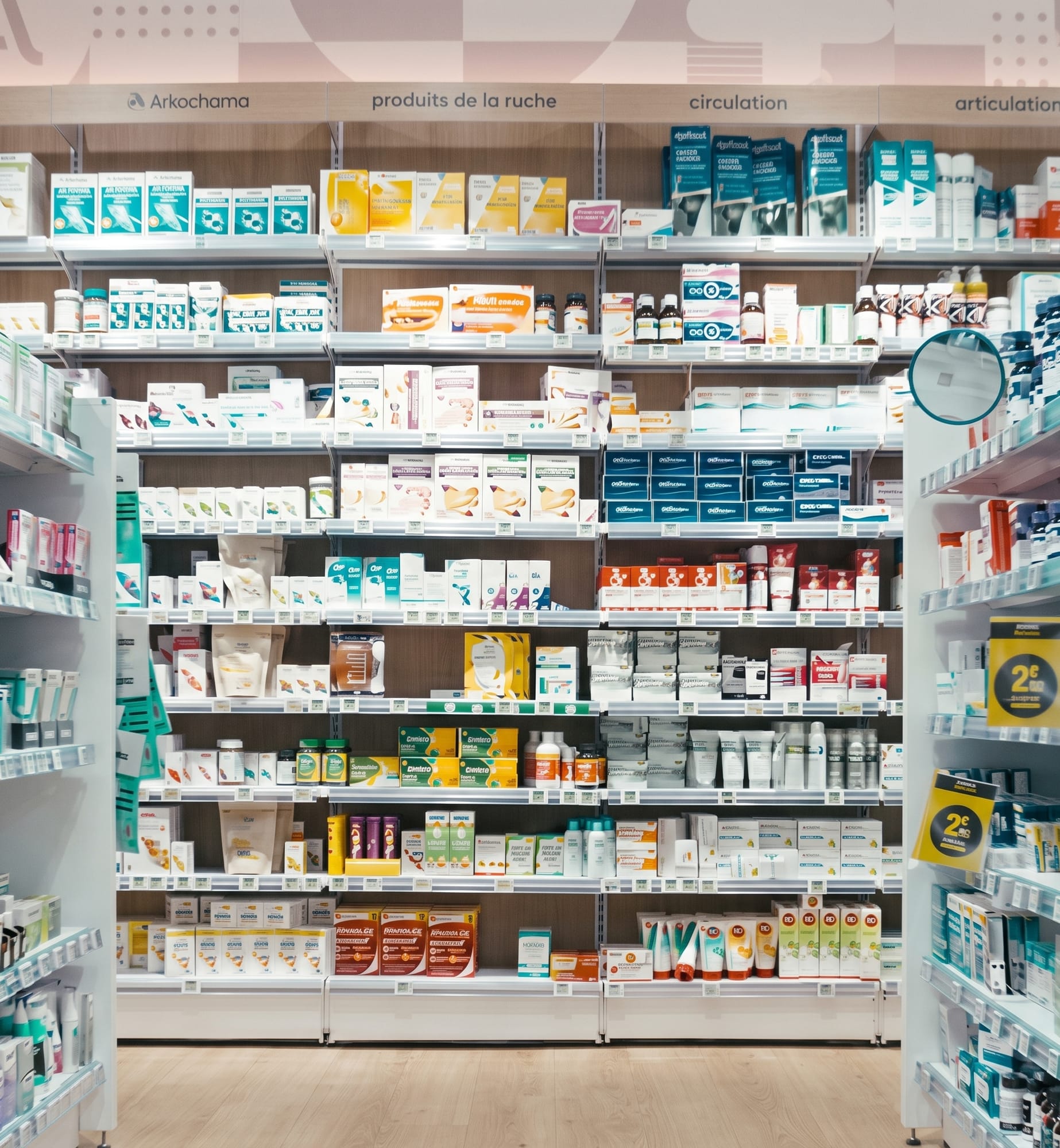 Allée de linéaires blancs de la Pharmacie Centre Deux